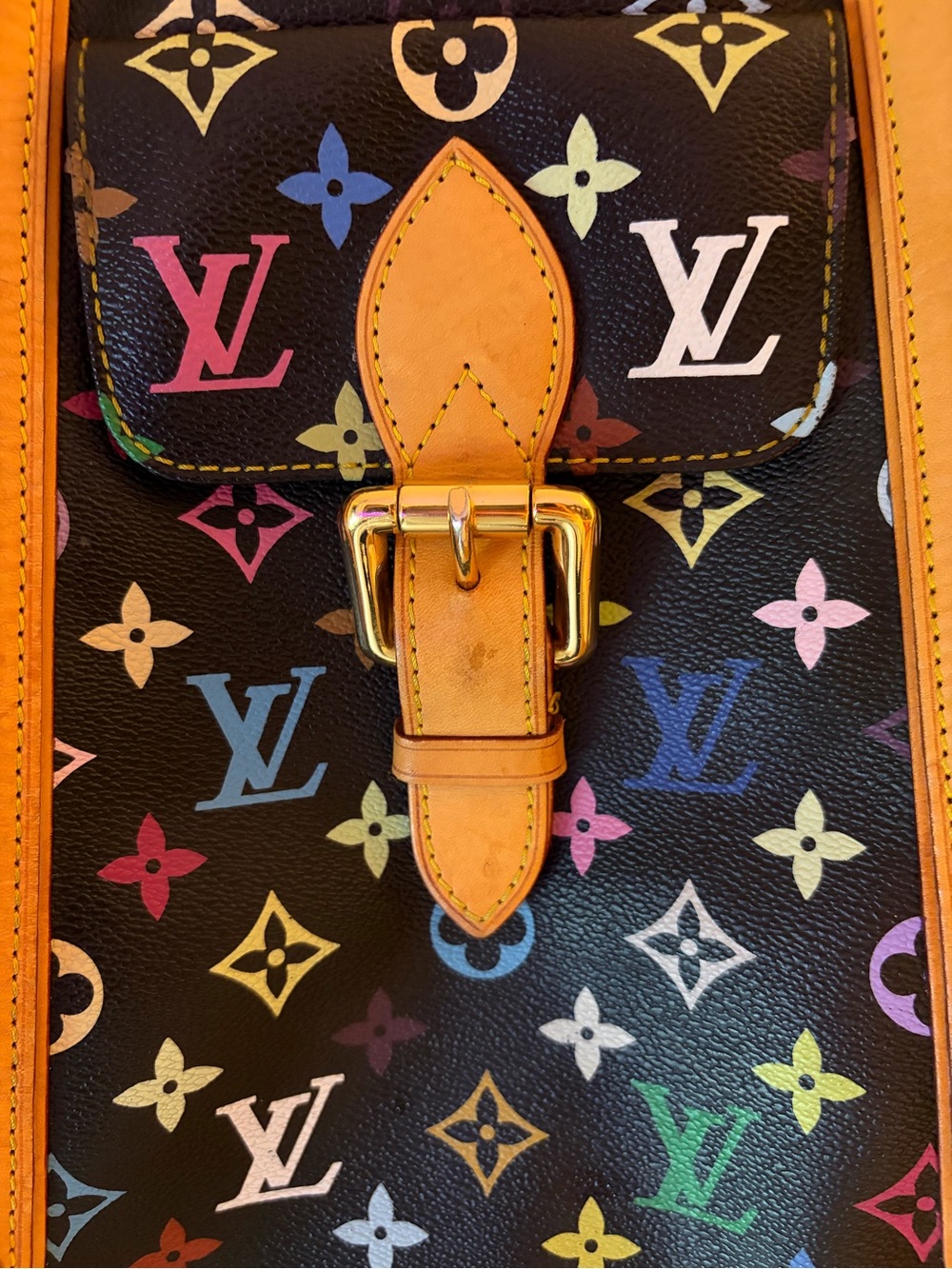 Multicolor Monogram Tote Bag with Tan Leather Straps - Picture 5 of 6